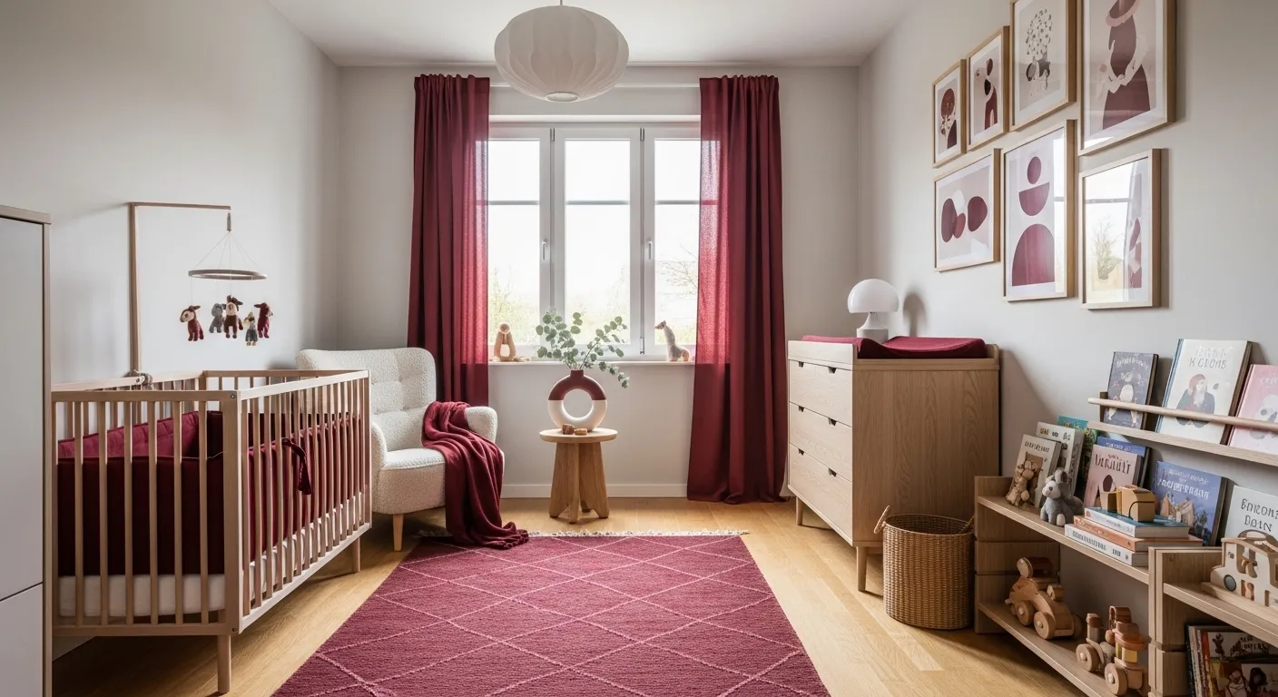 Scandinavian kids room with light wood furniture and rich burgundy decor details