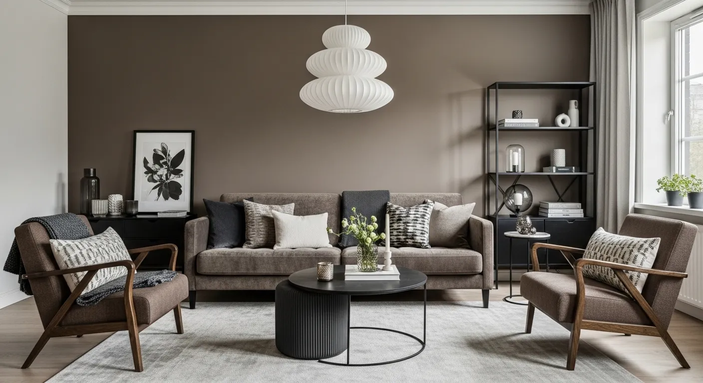 Scandi living room with truffle wall, neutral sofa, wood chairs, black shelving.