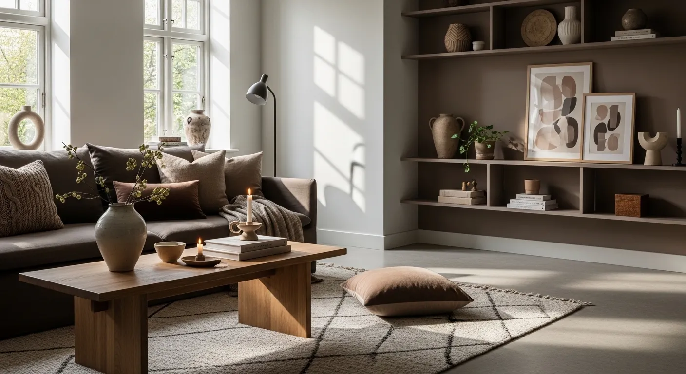 Scandi truffle living room with neutral sofa, wood coffee table, built-ins