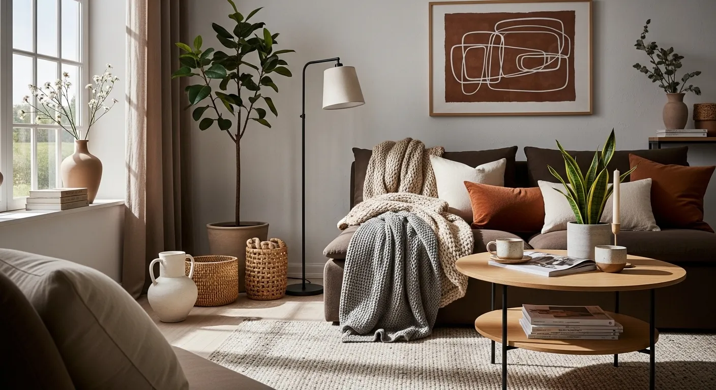Scandi truffle living room with brown sofa, wood table, and cozy textiles