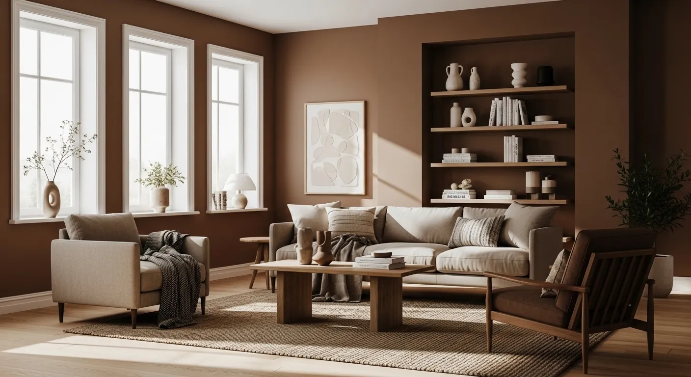 Scandi living room in truffle tones with sofa, shelves, and soft daylight