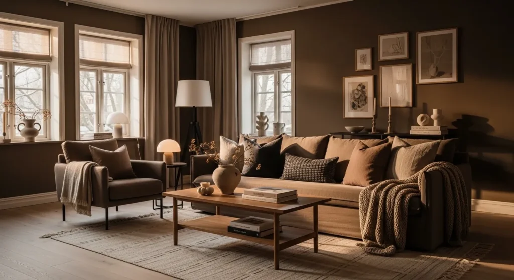 Scandi living room with truffle walls, beige sofa, wood table, soft layered textiles