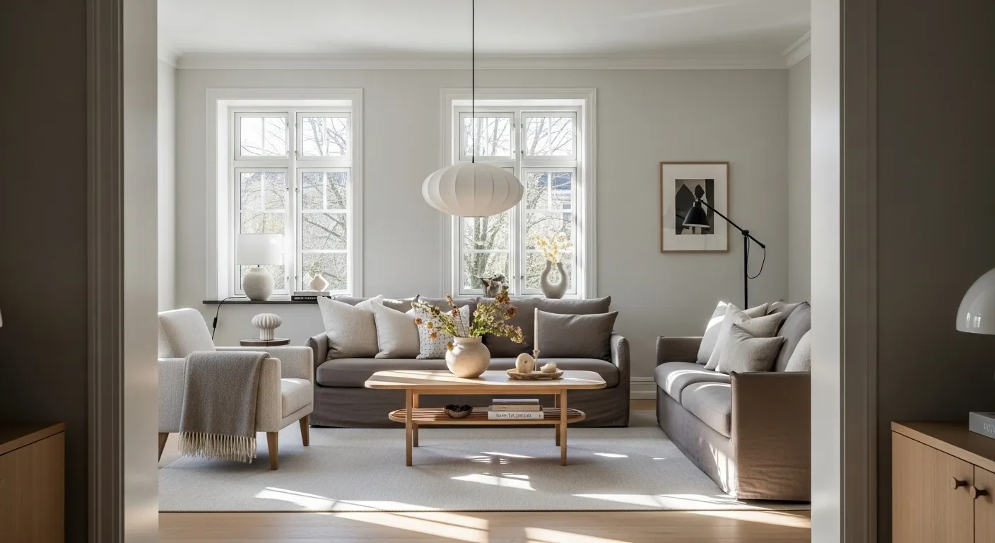 Scandi living room with truffle sofas, oak coffee table, and soft daylight