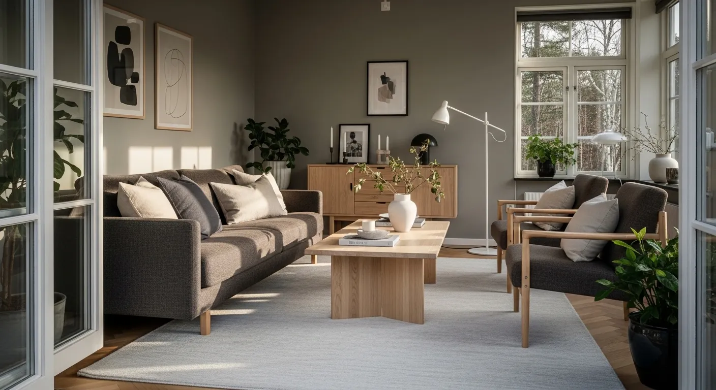 Scandi truffle living room with oak coffee table, neutral sofa, and sunlight