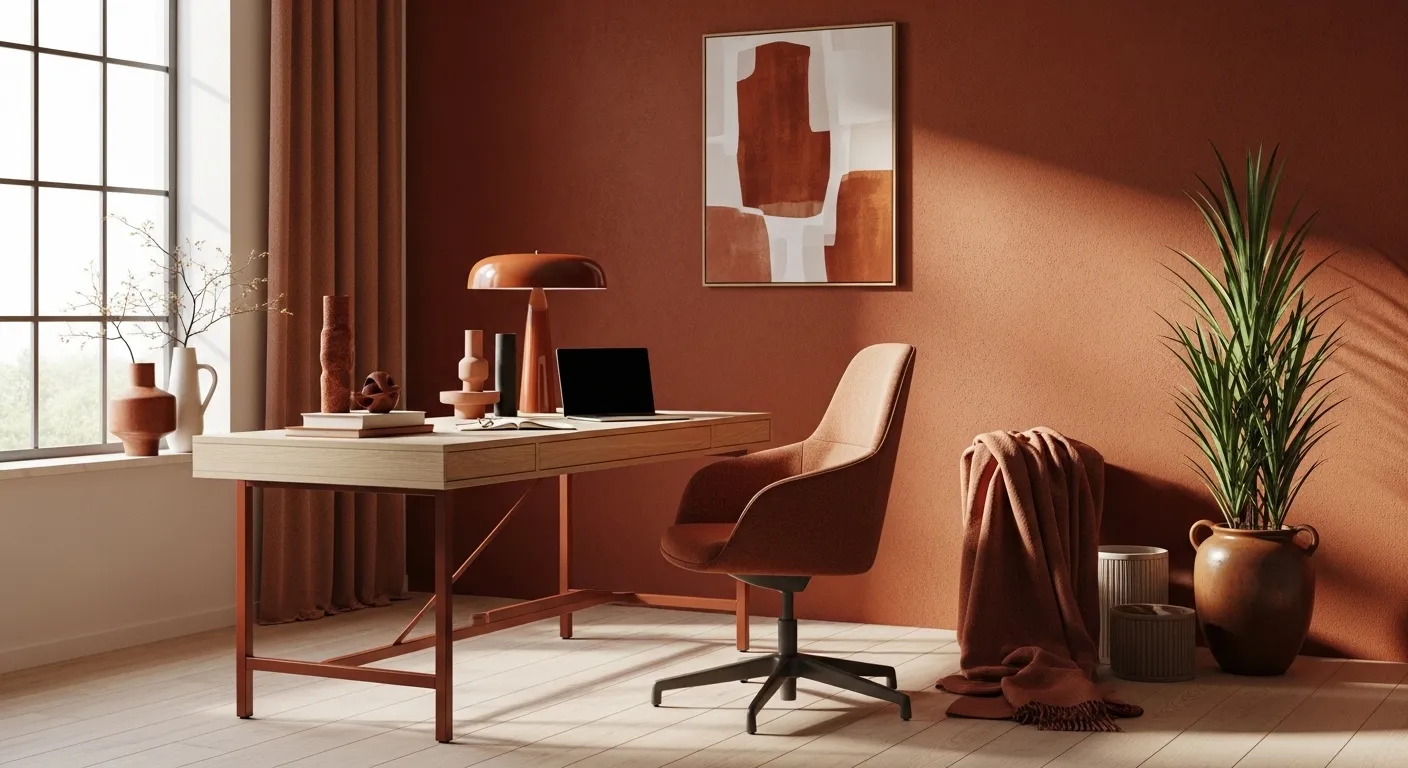 Modern Scandinavian home office featuring a light wood desk and a rust-colored velvet chair