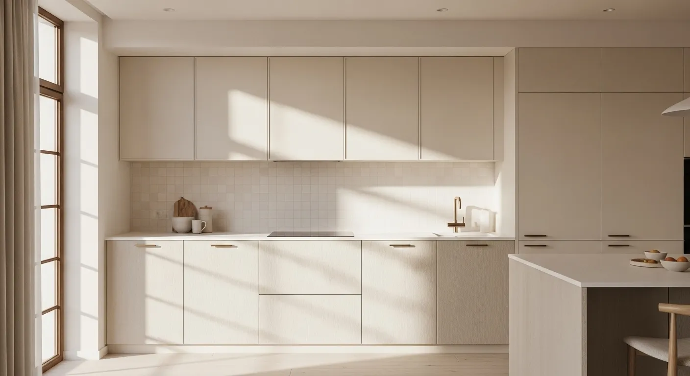A minimalist kitchen featuring cream cabinetry and warm lighting, embodying everyday elegance.