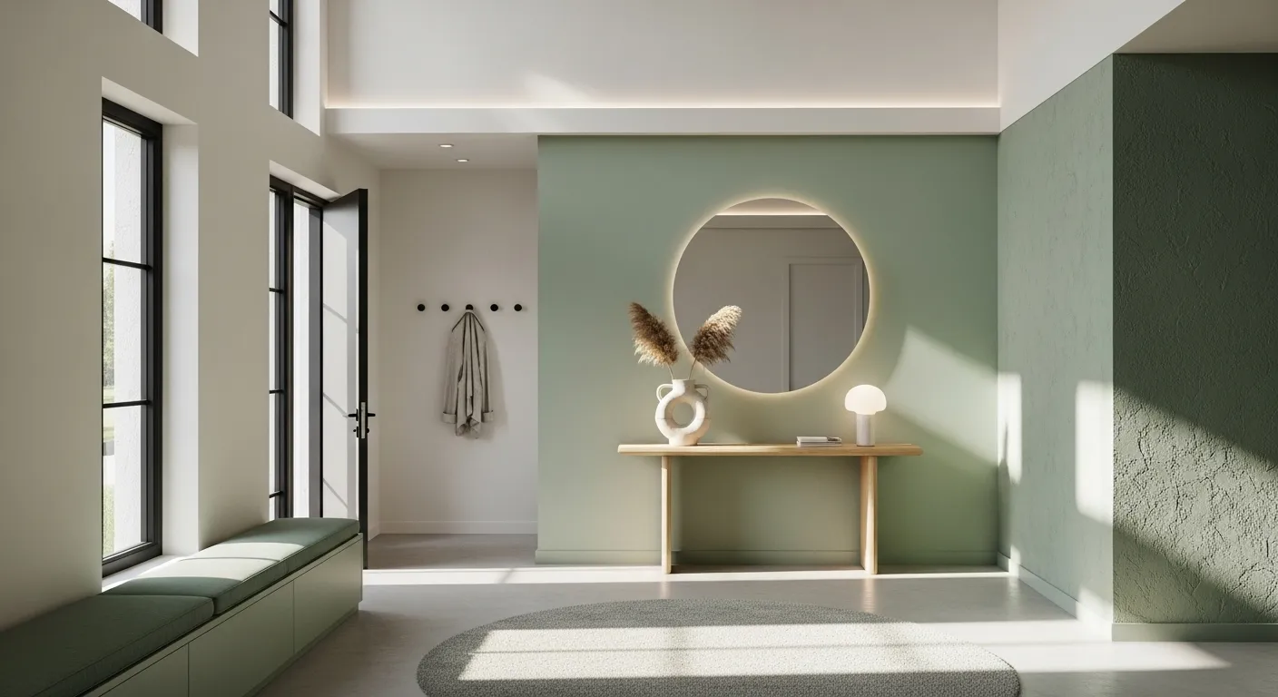 Minimalist entryway with sage green walls, natural light, and modern decor accents.