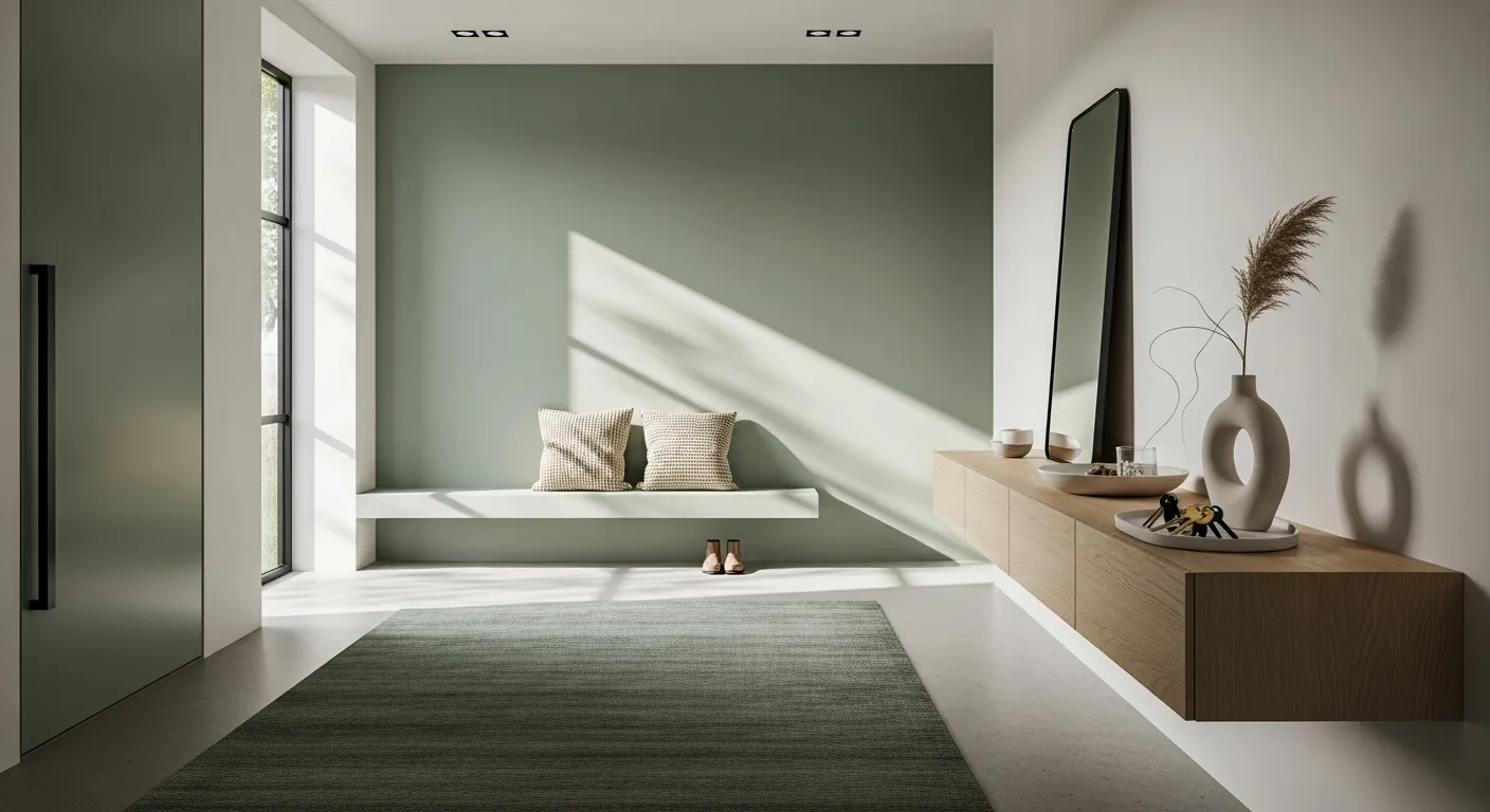 Minimalist entryway design featuring sage green walls, natural light, and cozy decor elements.