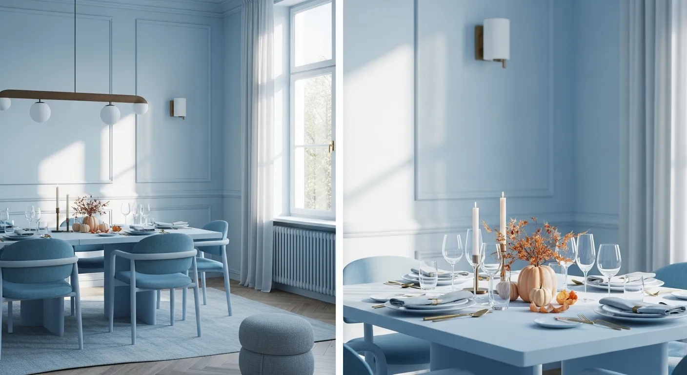Sky blue minimalist dining room with set table, pumpkins, and sheer curtains.