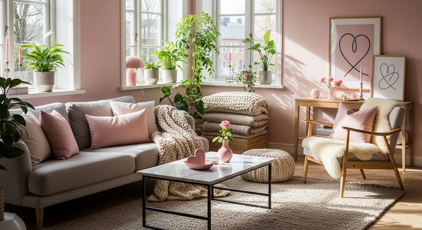 Modern Scandi living room featuring a blush pink sofa and light oak accents