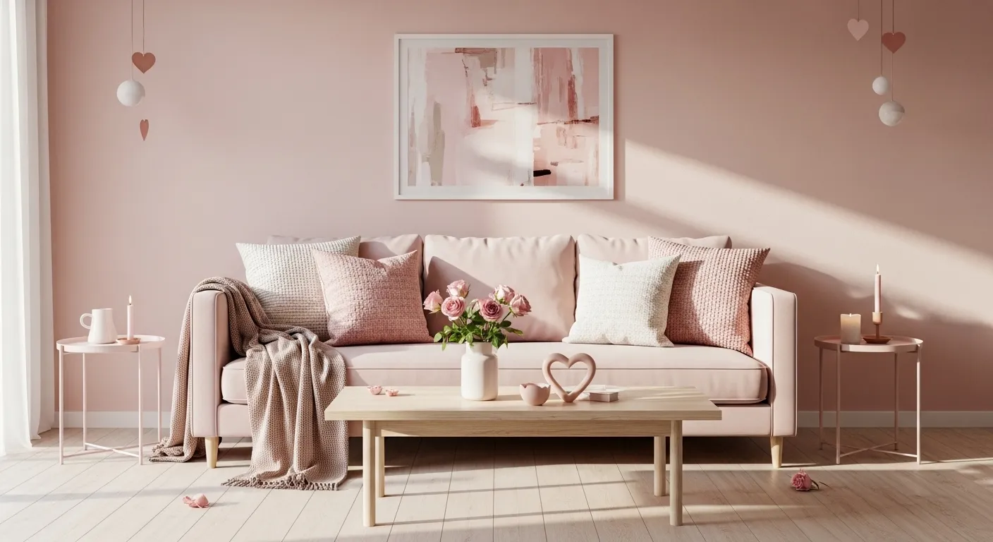 Minimalist Scandinavian living room featuring a soft pink sofa and light wood flooring