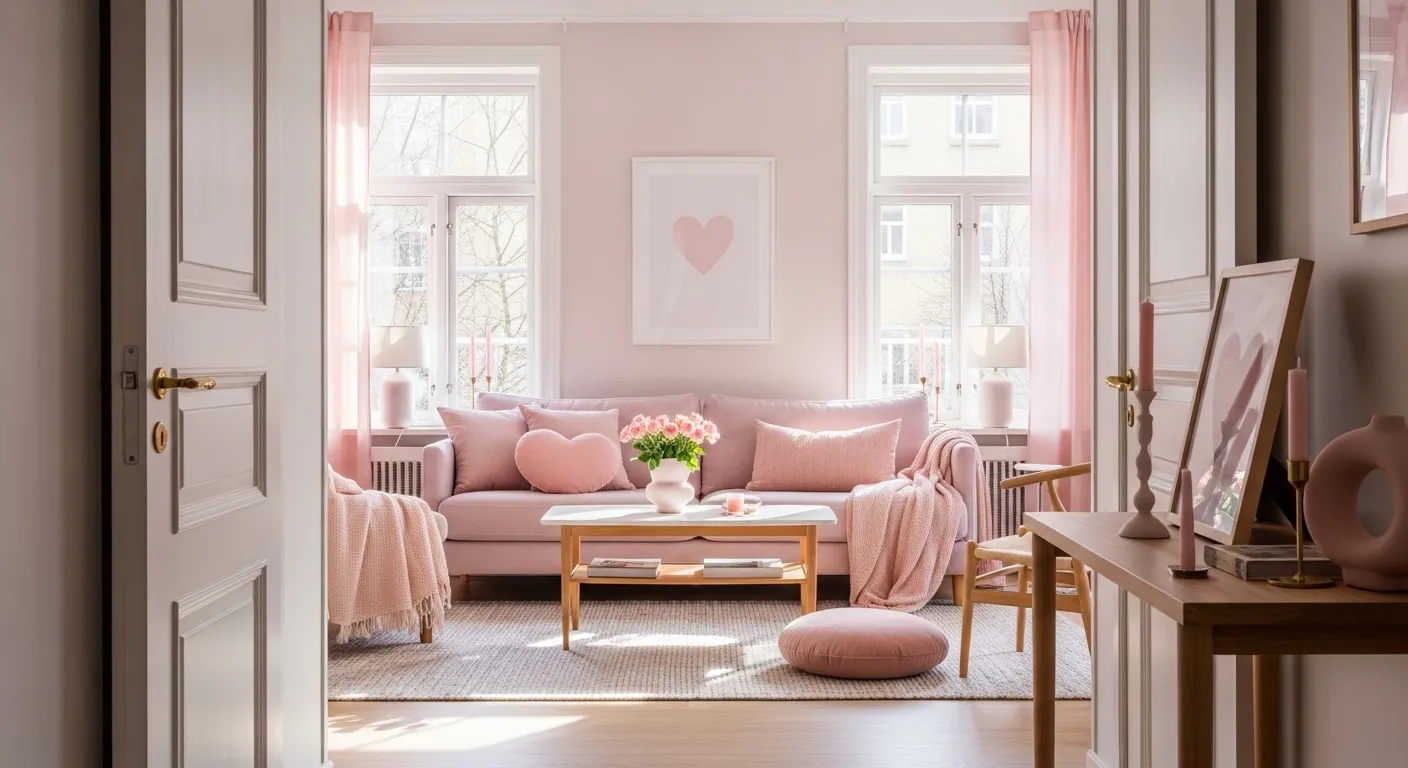 Modern Scandinavian living room featuring a soft pink sofa and light wood accents