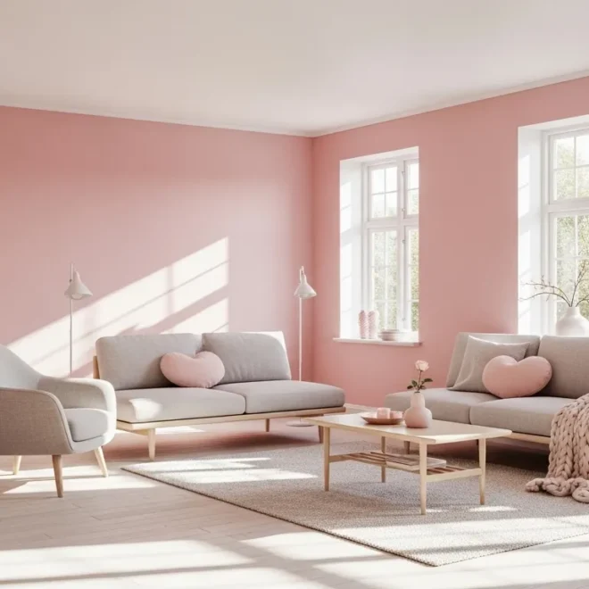 Bright Scandinavian living room featuring a blush pink sofa and light oak coffee table