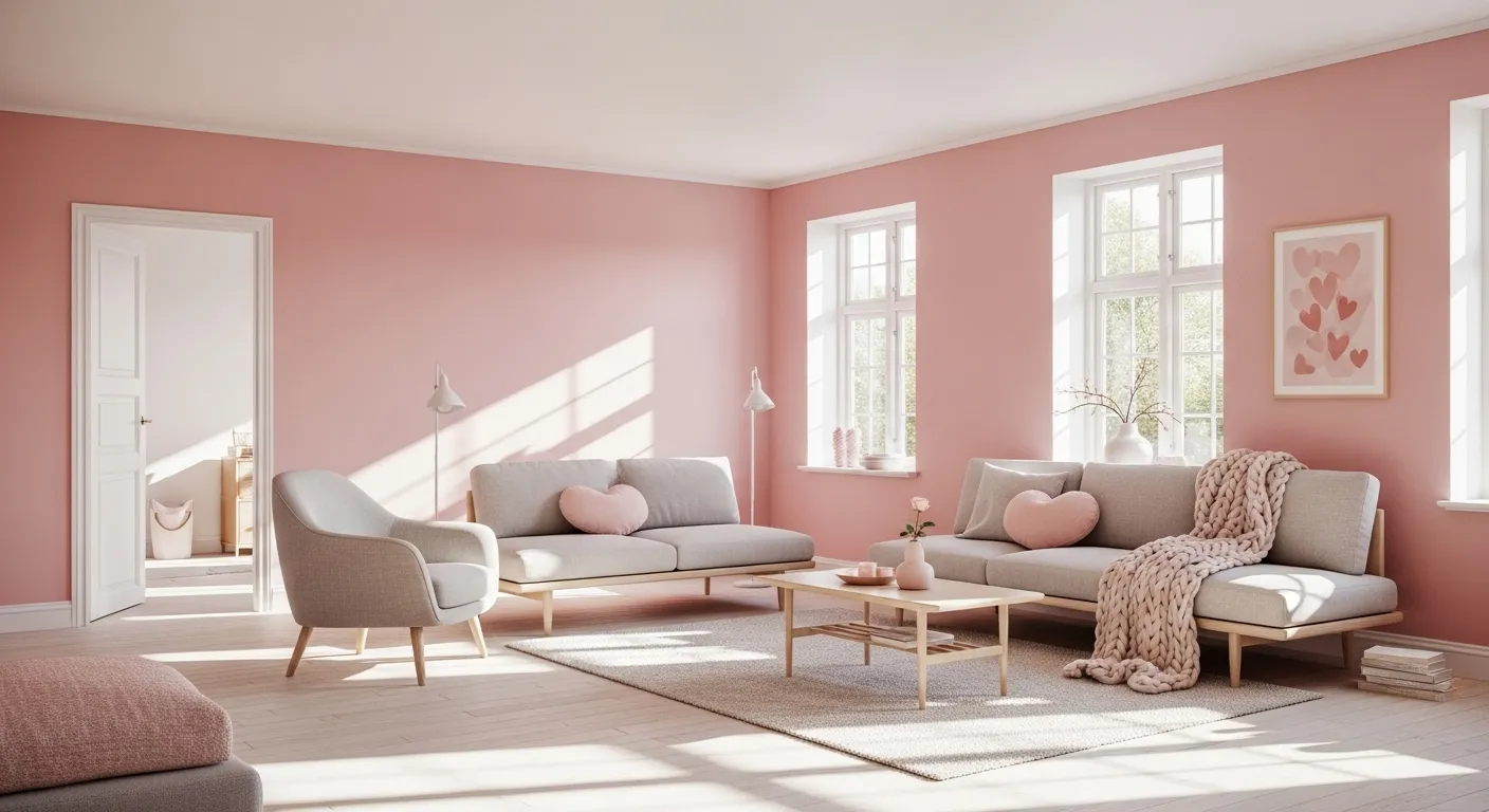 Bright Scandinavian living room featuring a blush pink sofa and light oak coffee table