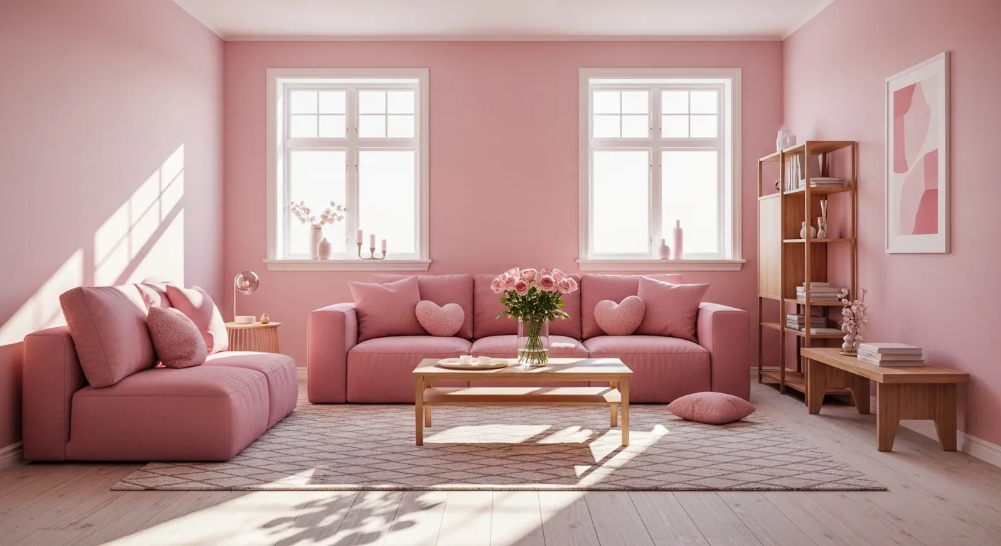 Scandinavian living room featuring soft pink walls and minimalist light wood furniture