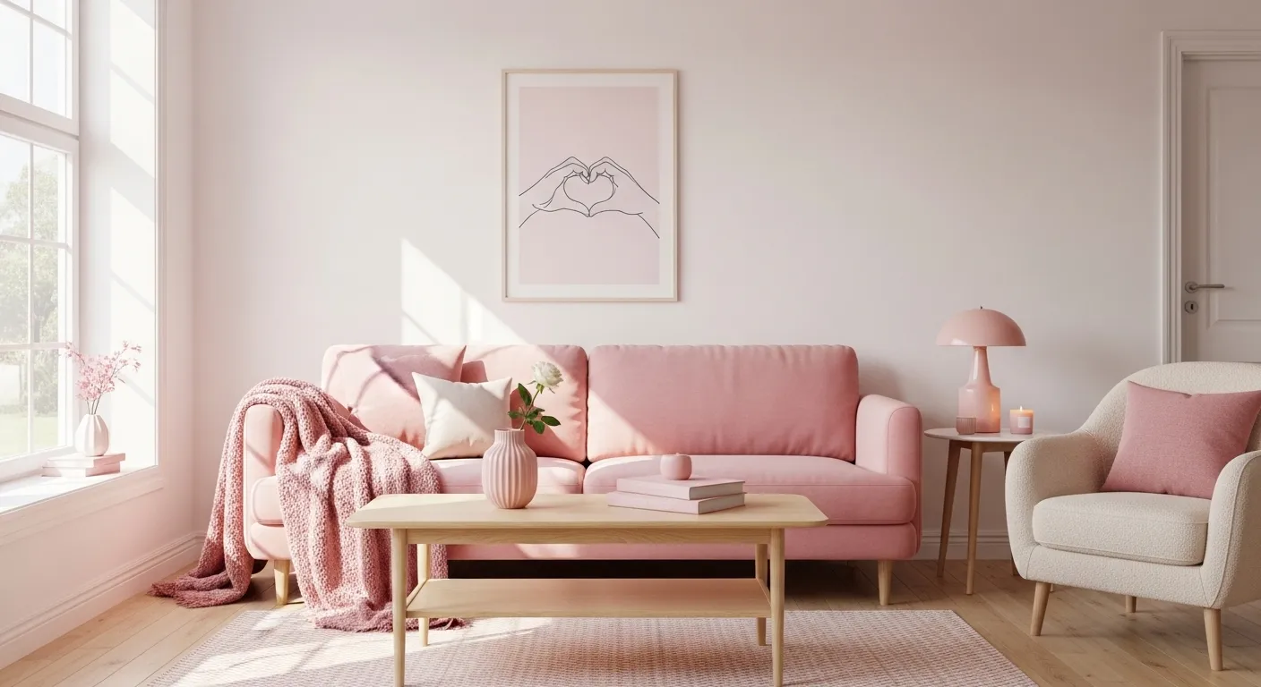 Bright Scandinavian living room featuring a blush pink sofa and light wood accents