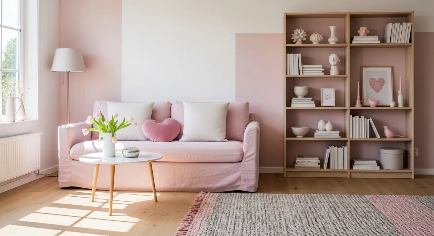 Bright Scandinavian living room featuring a soft pink sofa and light wood accents