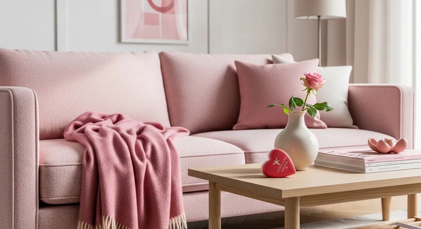 Bright Scandinavian living room featuring a soft pink sofa and light wood accents