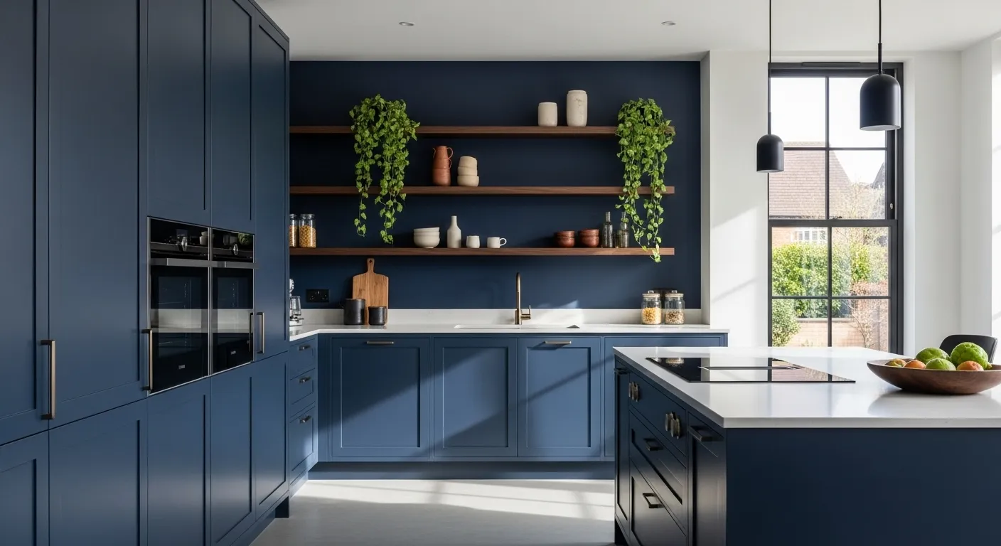 Modern kitchen decor in indigo with open shelves and greenery