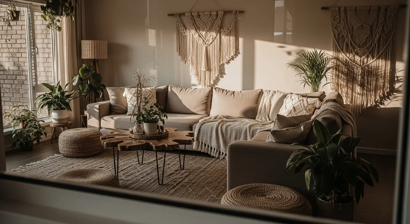 Taupe boho living room with macrame wall hangings, plants, and cozy sofa