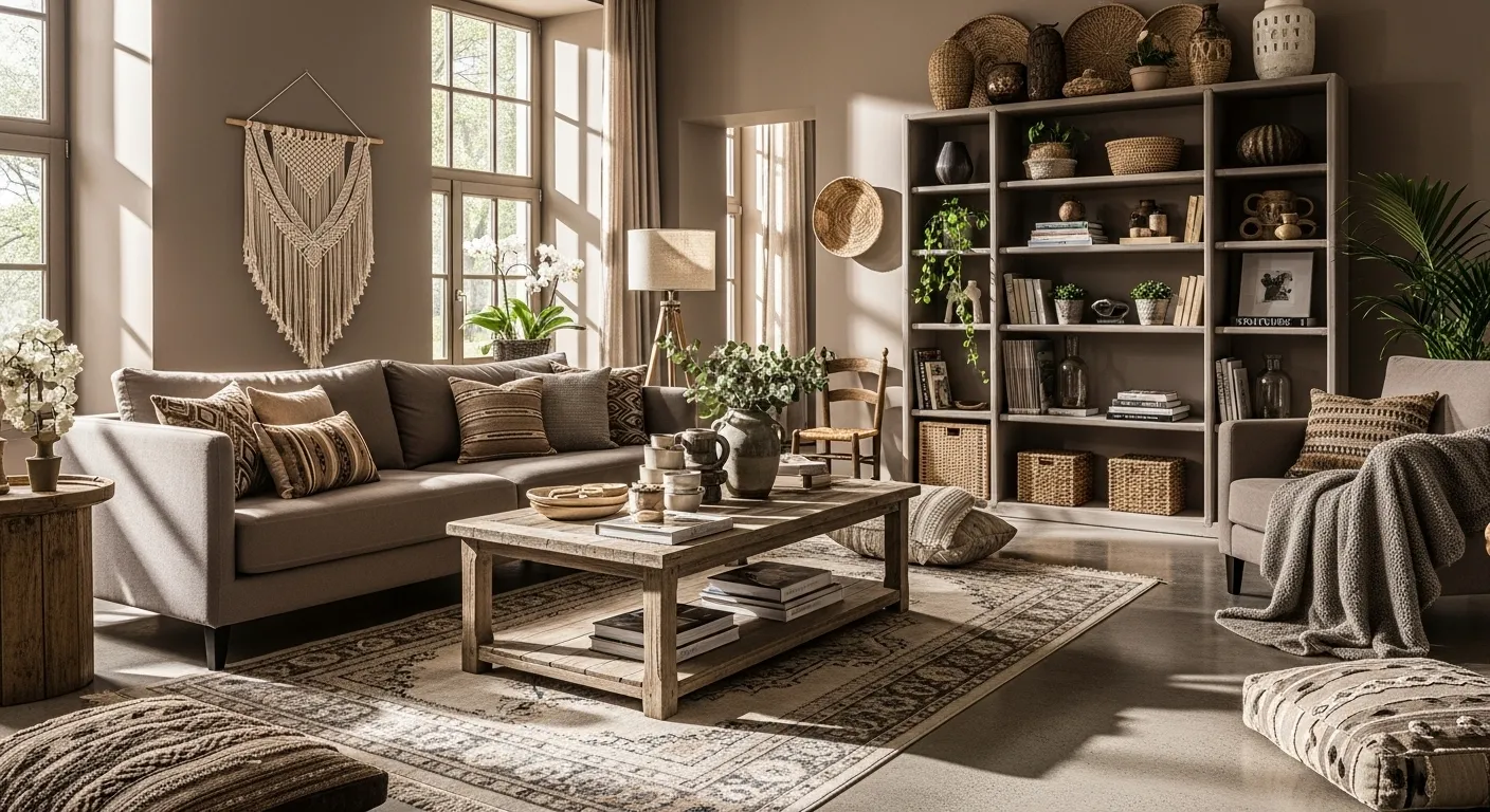 Taupe boho living room with macrame wall hanging, woven decor, and neutral sofa