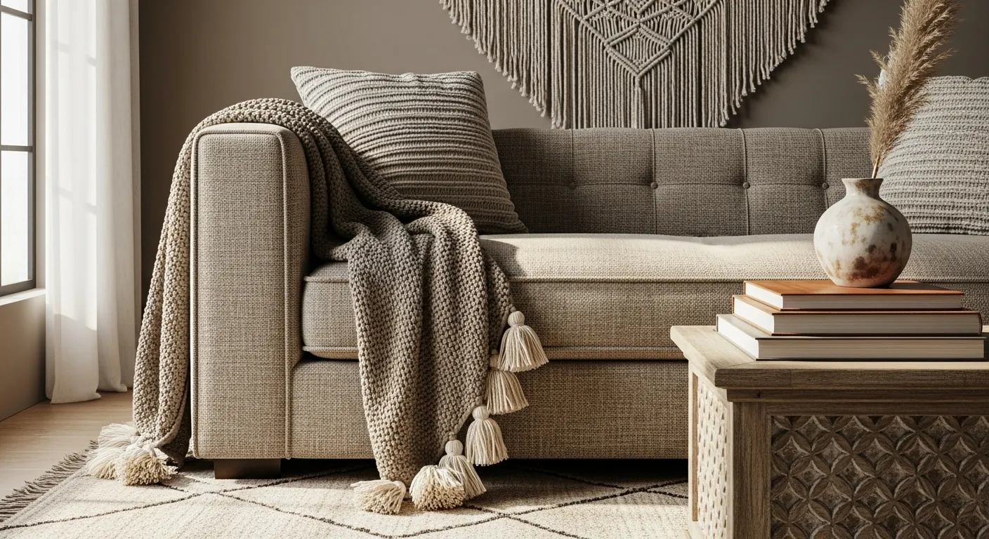 Taupe boho sofa with chunky knit throw, macrame wall hanging, carved coffee table