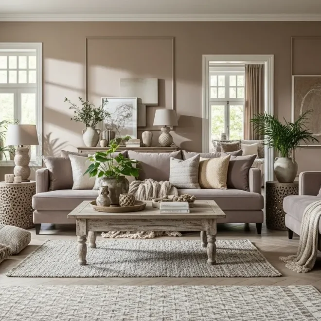 Taupe boho living room with neutral sofas, plants, textured rugs, and wood coffee table