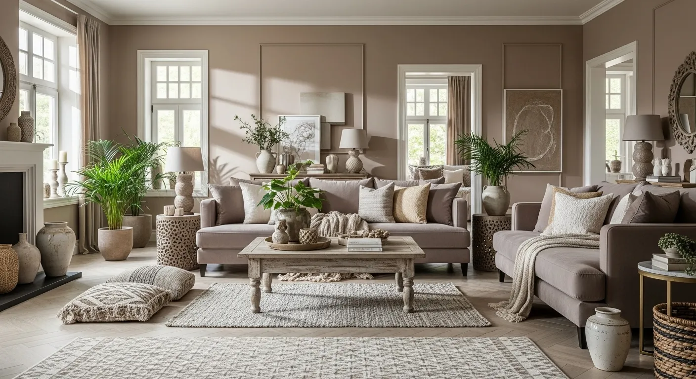 Taupe boho living room with neutral sofas, plants, textured rugs, and wood coffee table