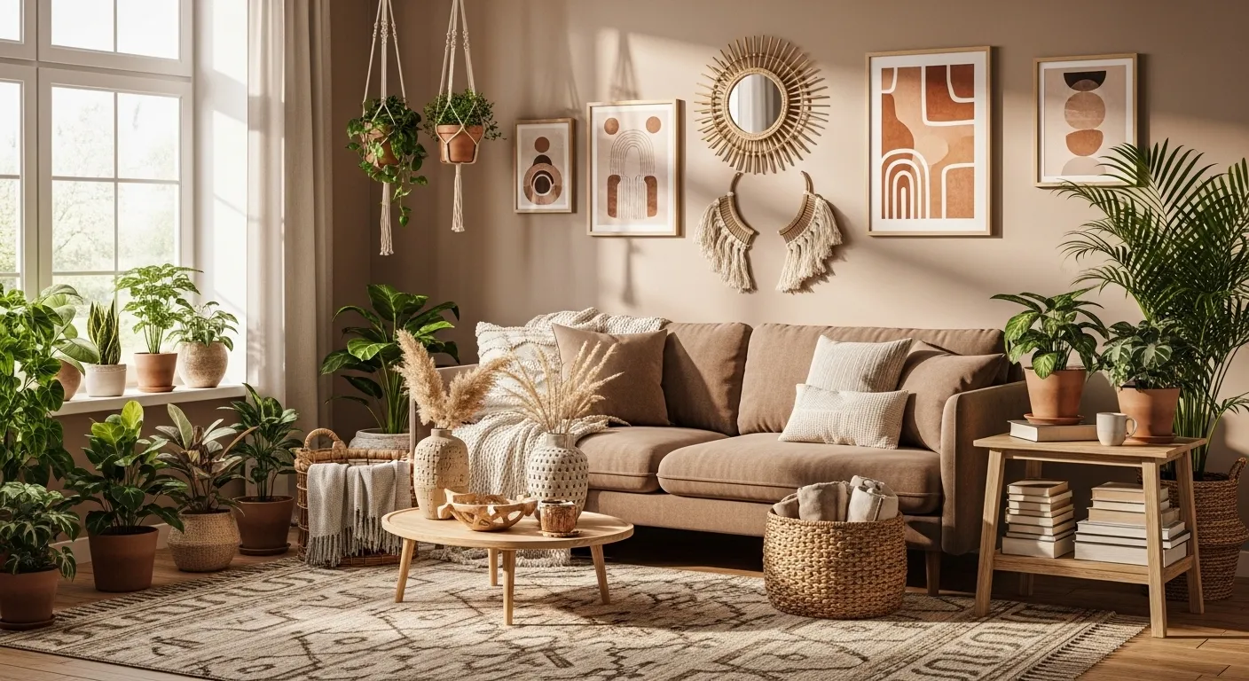 Taupe bohemian living room with cozy sofa, plants, woven textures, and warm art.