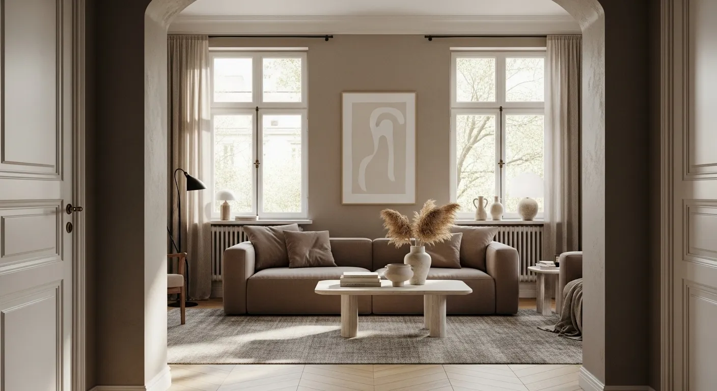 Taupe Japandi living room with low sofa, light wood table, soft neutral textiles.