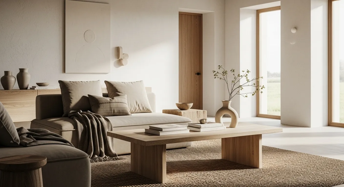 Taupe Japandi living room with low wood coffee table and neutral sofa