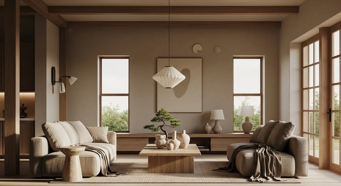 Taupe Japandi living room with two sofas, low wood table, soft natural light