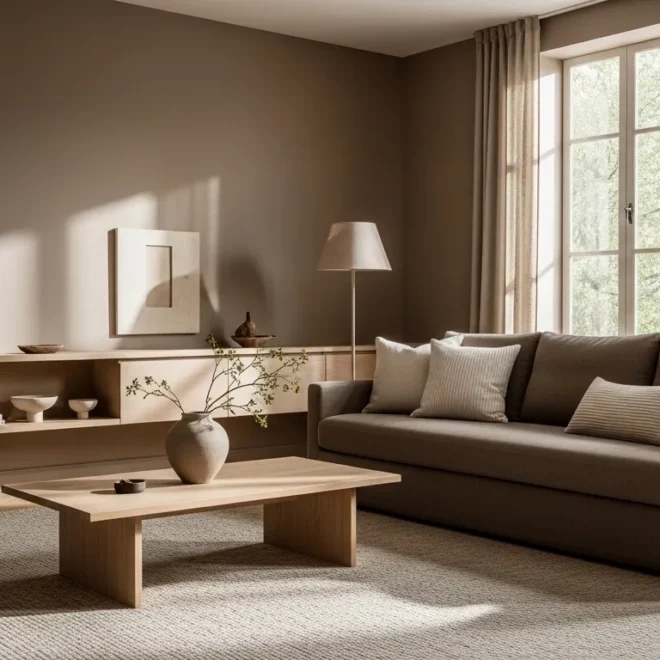 Taupe Japandi living room with low wood coffee table and neutral sofa
