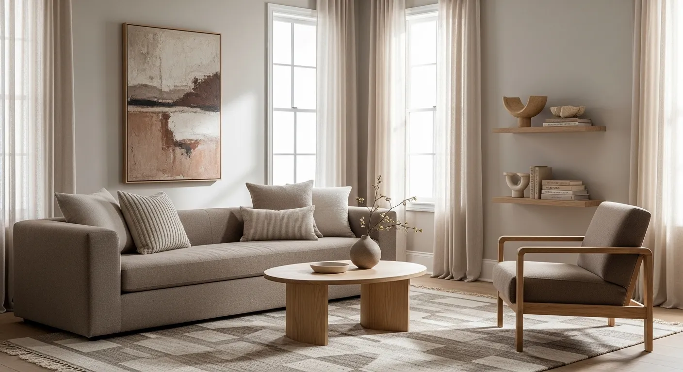 Taupe Japandi living room with low sofa, oak coffee table, sheer curtains