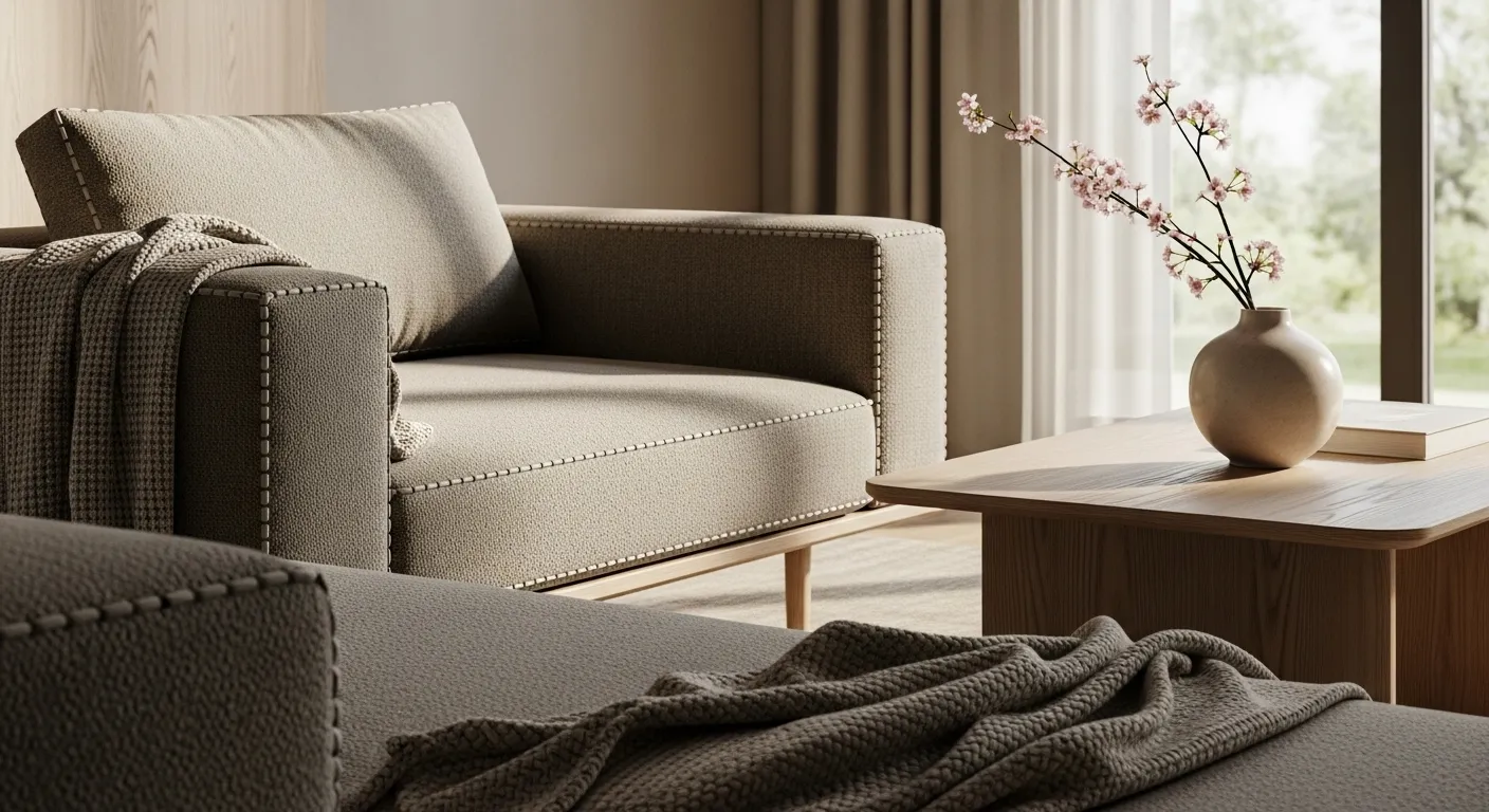 Taupe Japandi living room with textured sofa, wood table, and ceramic vase