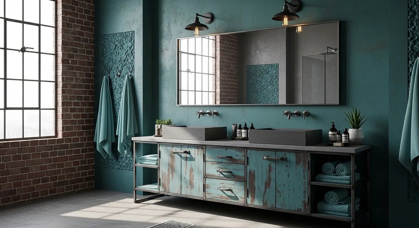 Industrial style bathroom featuring teal subway tiles, black metal fixtures and exposed concrete elements