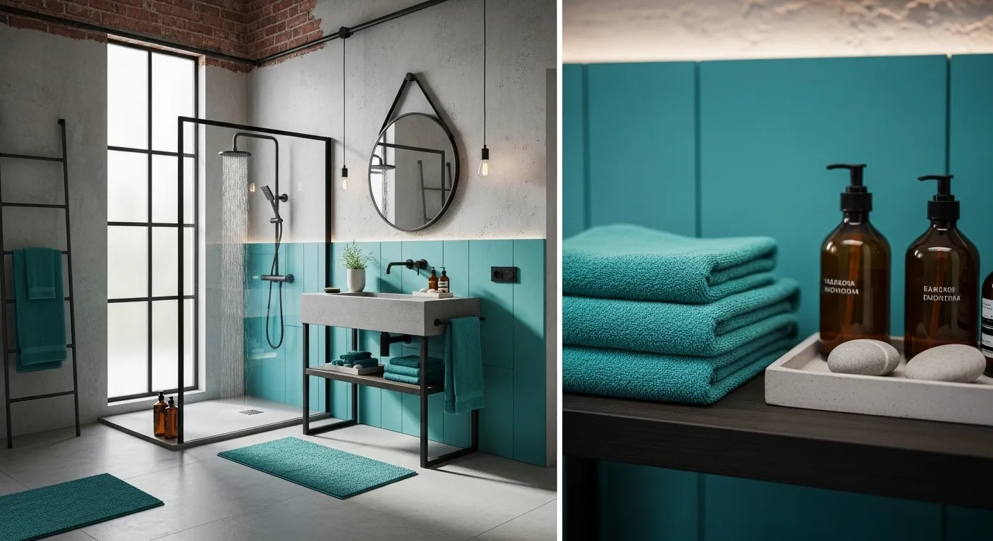 Industrial bathroom featuring teal subway tiles, exposed piping, and a rustic wooden vanity