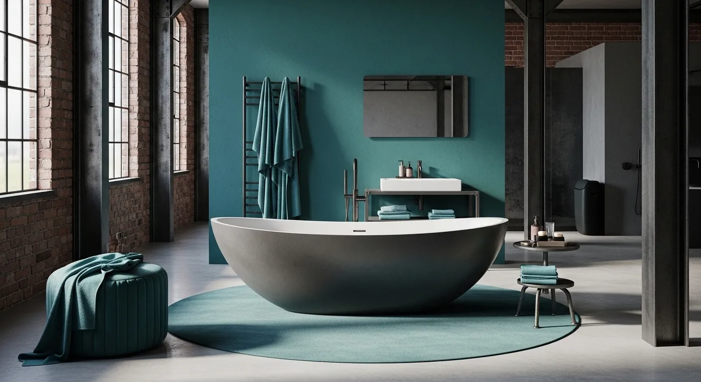Industrial bathroom featuring deep teal walls, exposed piping, and vintage metal fixtures