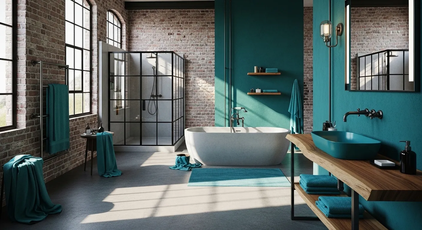 Industrial bathroom featuring deep teal subway tiles and matte black fixtures