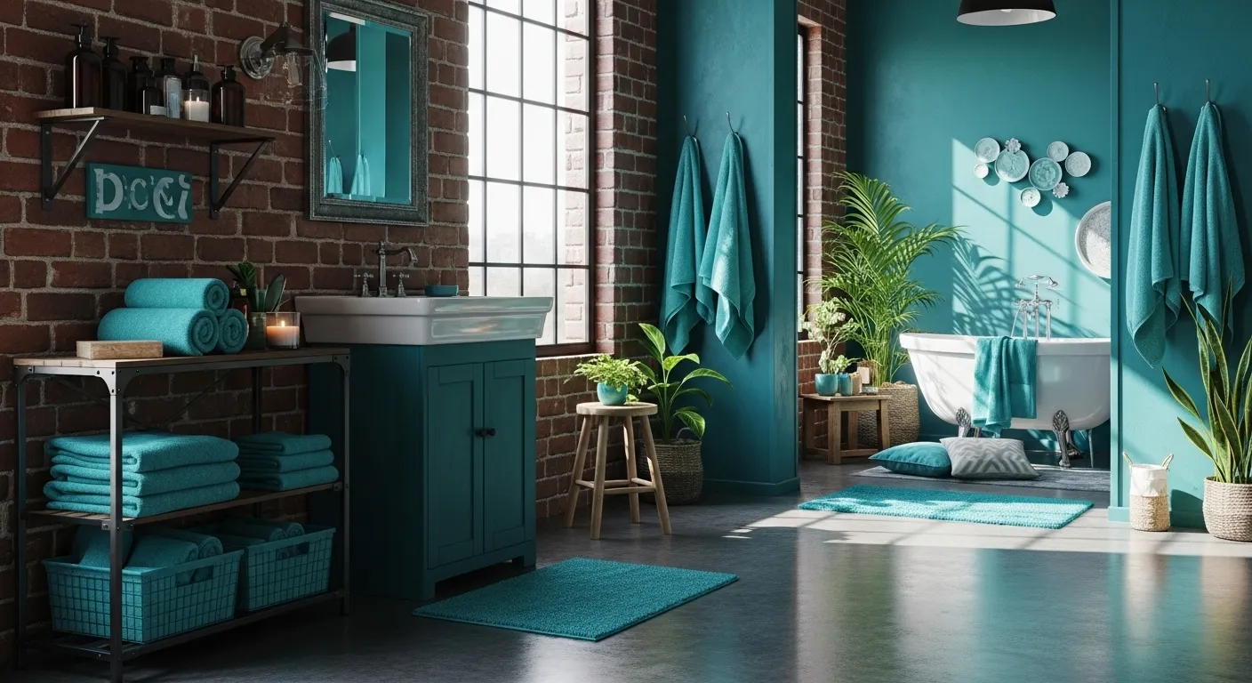 Industrial bathroom featuring bold teal subway tiles and exposed metal piping fixtures