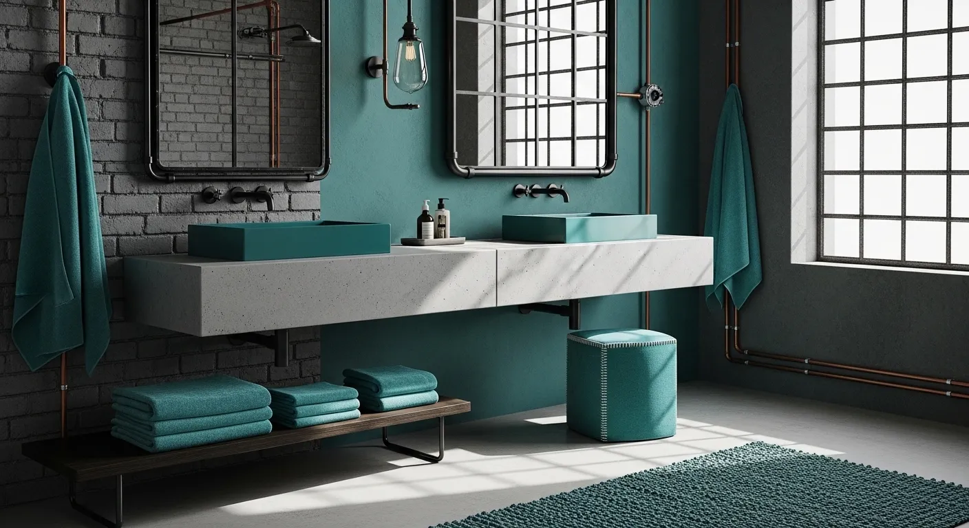 Moody teal industrial bathroom with exposed metal pipes and concrete textures