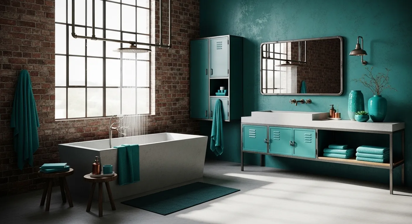 Industrial bathroom design featuring deep teal subway tiles, exposed black piping, and vintage lighting