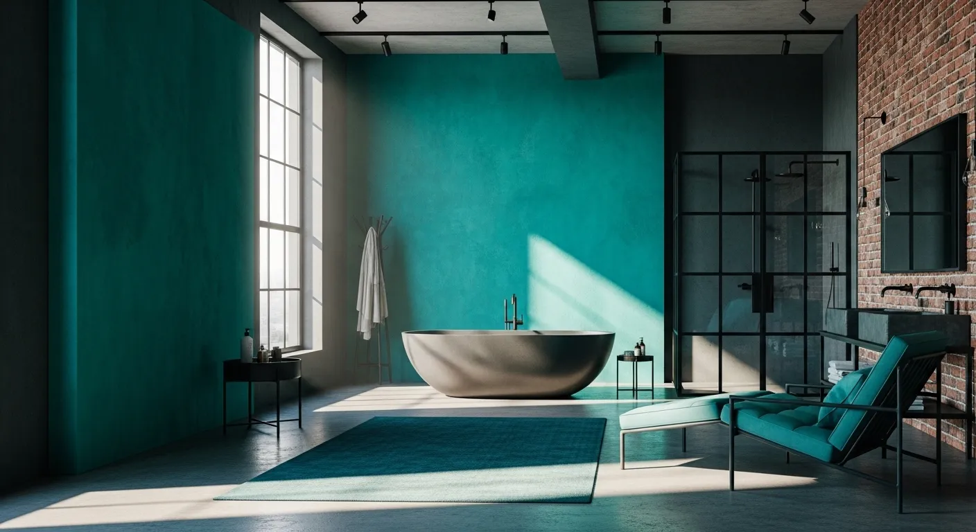Modern industrial bathroom featuring deep teal subway tiles, exposed piping, and concrete textures