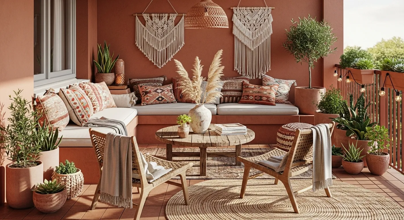 Terracotta boho balcony with built-in sofa, woven chairs, rugs, and plants