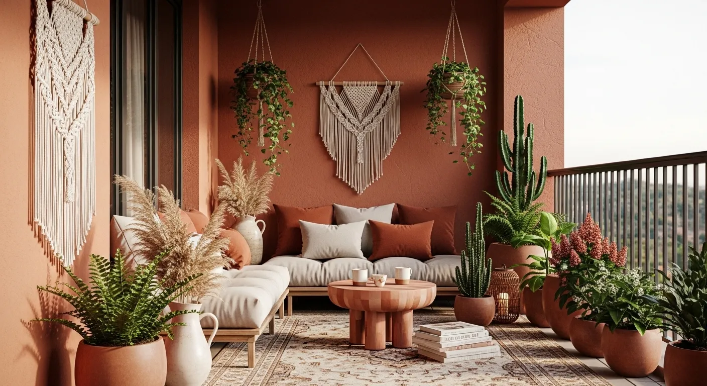 Terracotta boho balcony with sectional sofa, macrame, cacti, and woven rug
