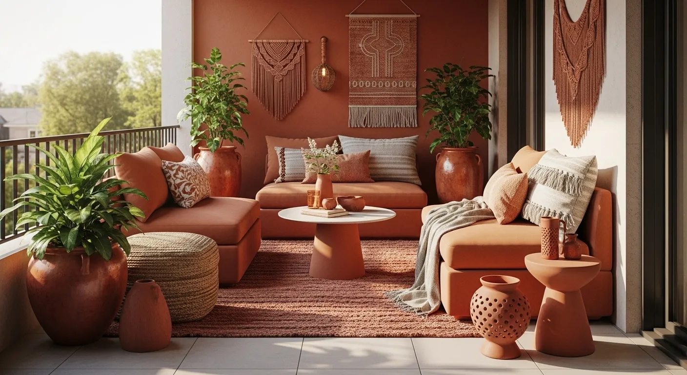 Terracotta boho balcony with cushioned seating, woven wall hangings, and lush potted plants