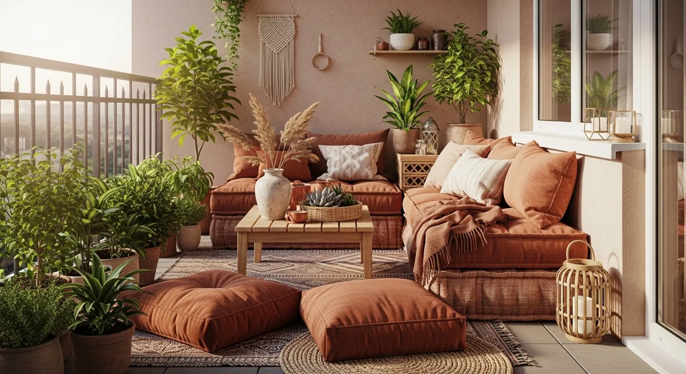 Terracotta boho balcony seating with floor cushions, woven rug, and lush plants