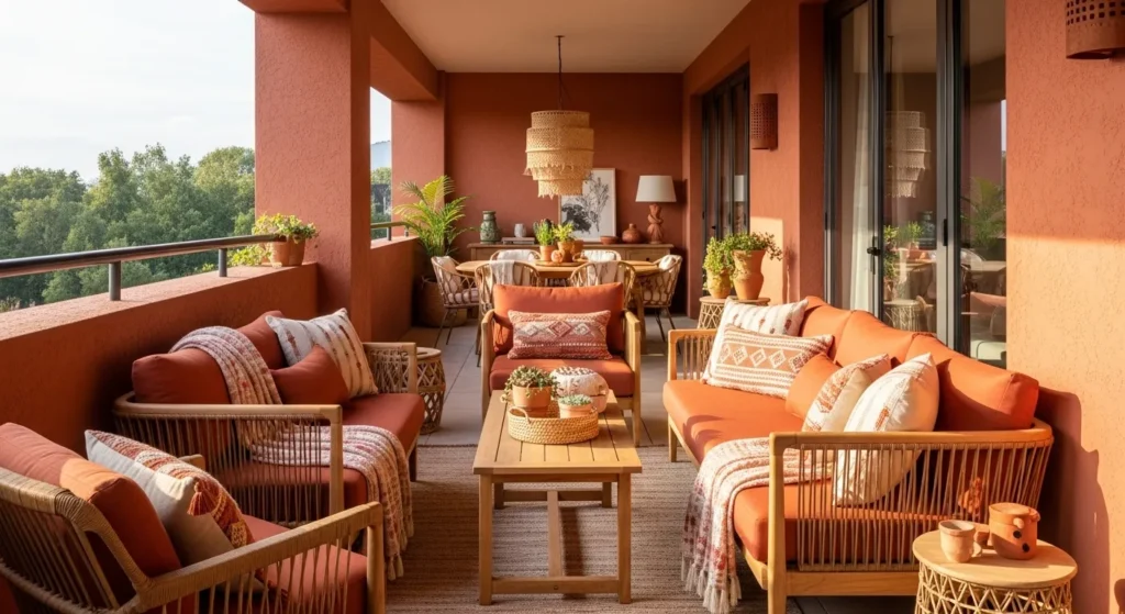Terracotta boho balcony with rattan sofas, woven decor, plants, and warm textiles
