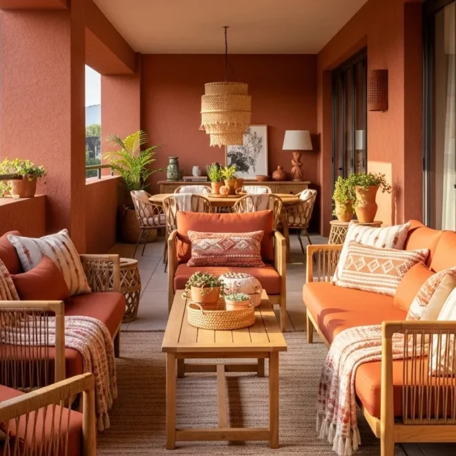 Terracotta boho balcony with rattan sofas, woven decor, plants, and warm textiles
