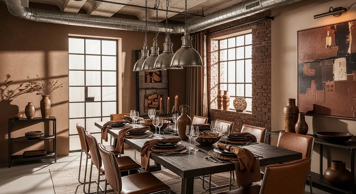 Industrial dining room with warm brown leather chairs, brick wall, metal pendants